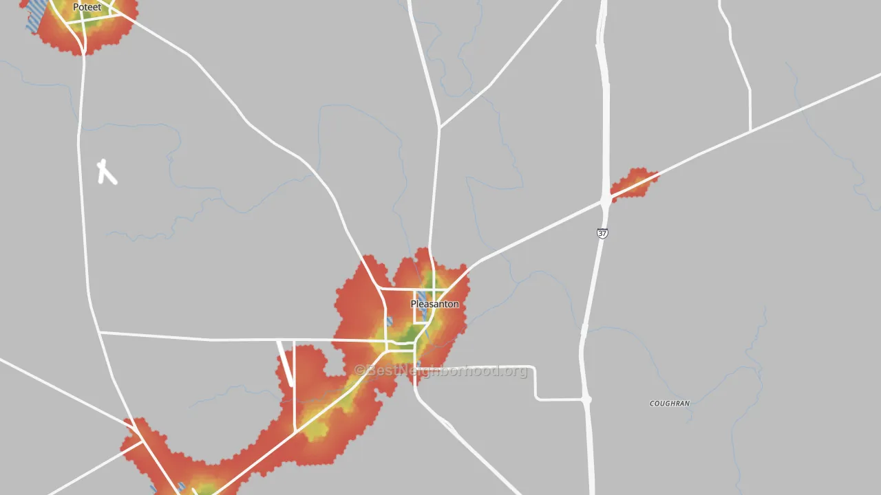 Walk Grade map of 78064, TX, walkable areas in green and car-dependent areas in red