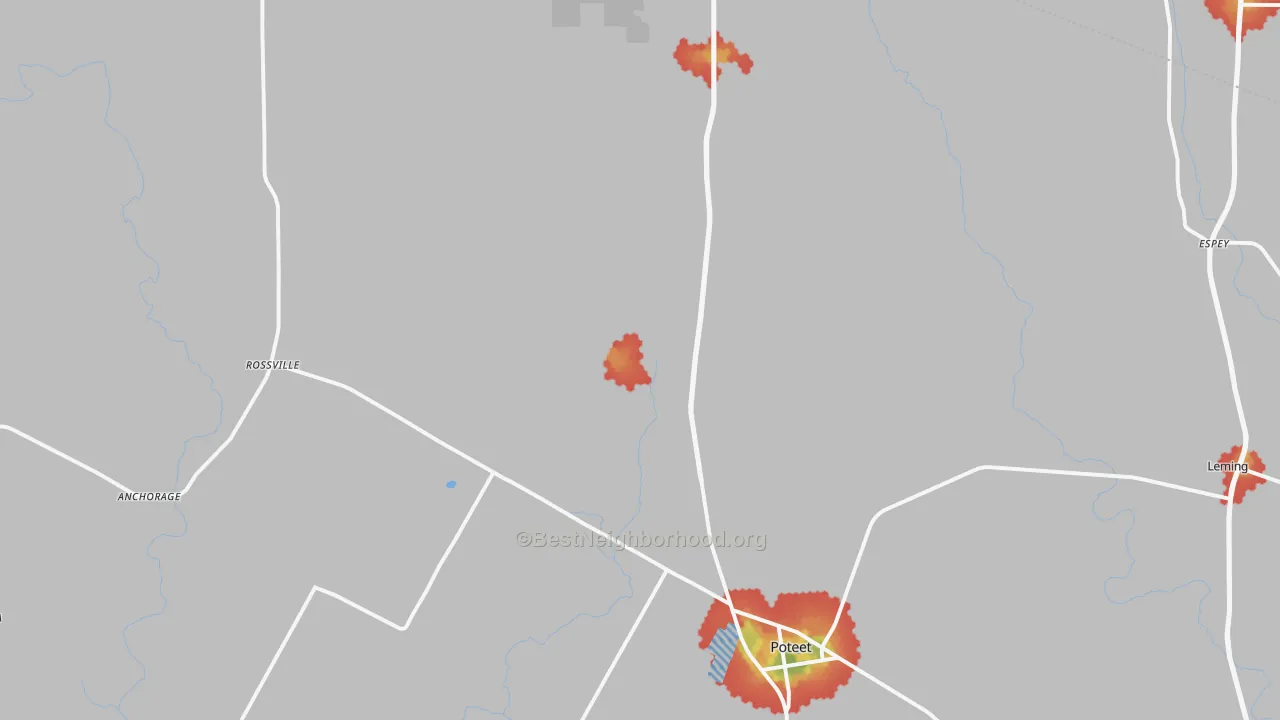 Walk Grade map of 78065, TX, walkable areas in green and car-dependent areas in red
