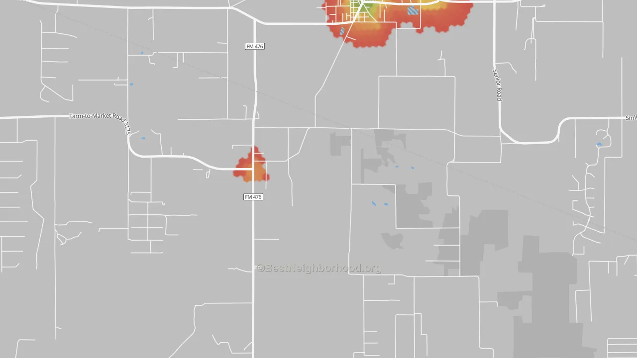 Walk Grade map of 78069, TX, walkable areas in green and car-dependent areas in red