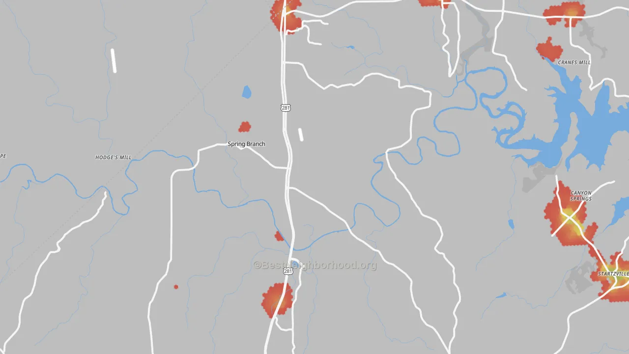 Walk Grade map of 78070, TX, walkable areas in green and car-dependent areas in red