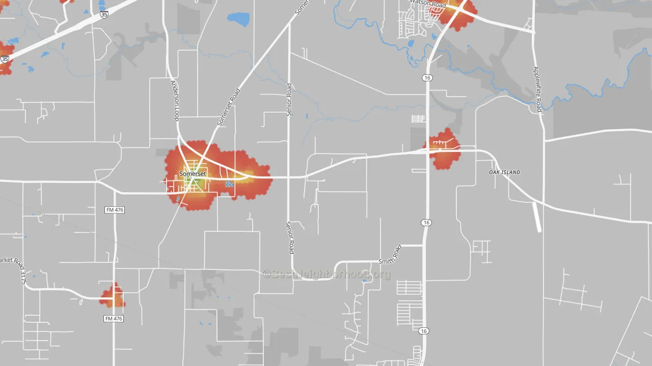 Walk Grade map of 78073, TX, walkable areas in green and car-dependent areas in red