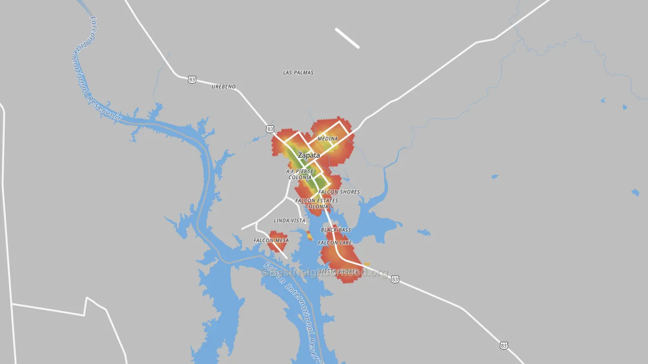 Walk Grade map of 78076, TX, walkable areas in green and car-dependent areas in red