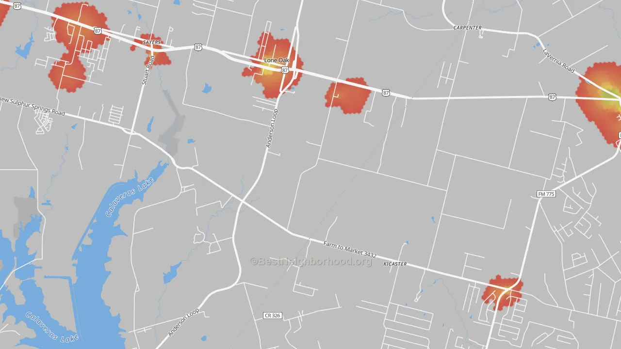 Walk Grade map of 78101, TX, walkable areas in green and car-dependent areas in red