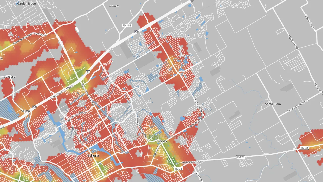 Walk Grade map of 78108, TX, walkable areas in green and car-dependent areas in red