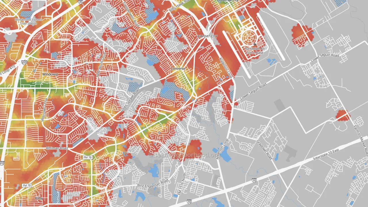 Walk Grade map of 78109, TX, walkable areas in green and car-dependent areas in red