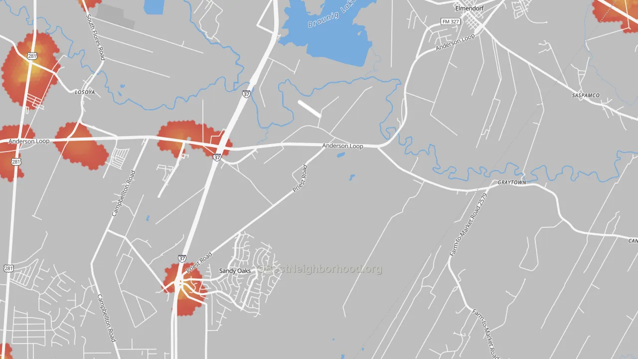 Walk Grade map of 78112, TX, walkable areas in green and car-dependent areas in red