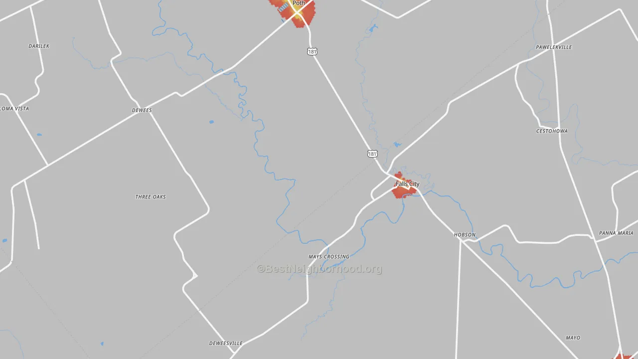 Walk Grade map of 78113, TX, walkable areas in green and car-dependent areas in red