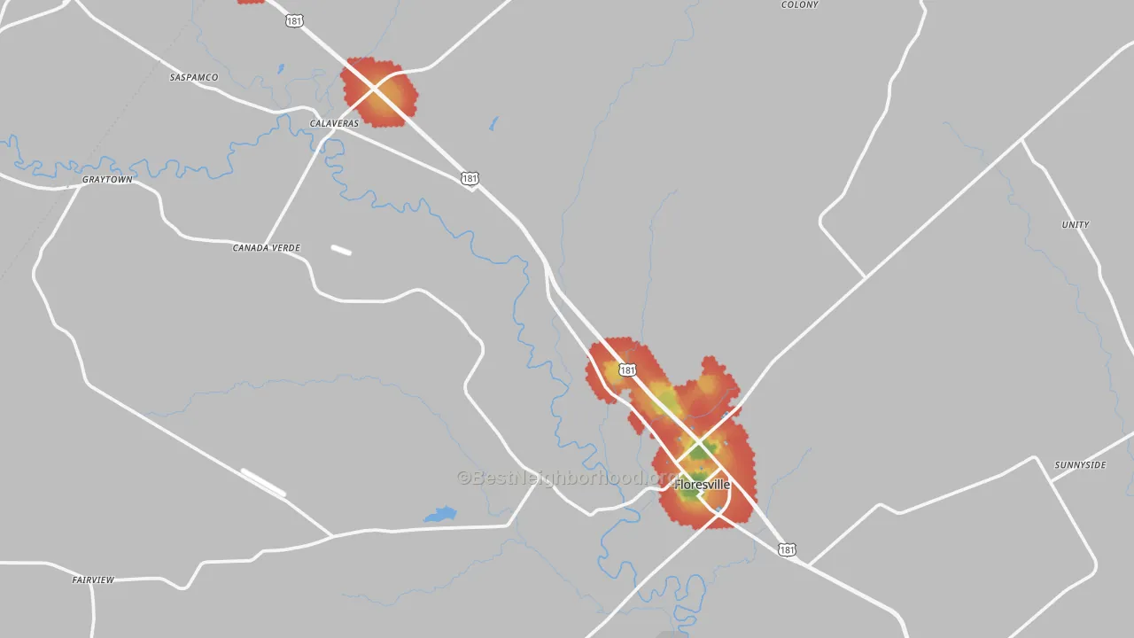 Walk Grade map of 78114, TX, walkable areas in green and car-dependent areas in red
