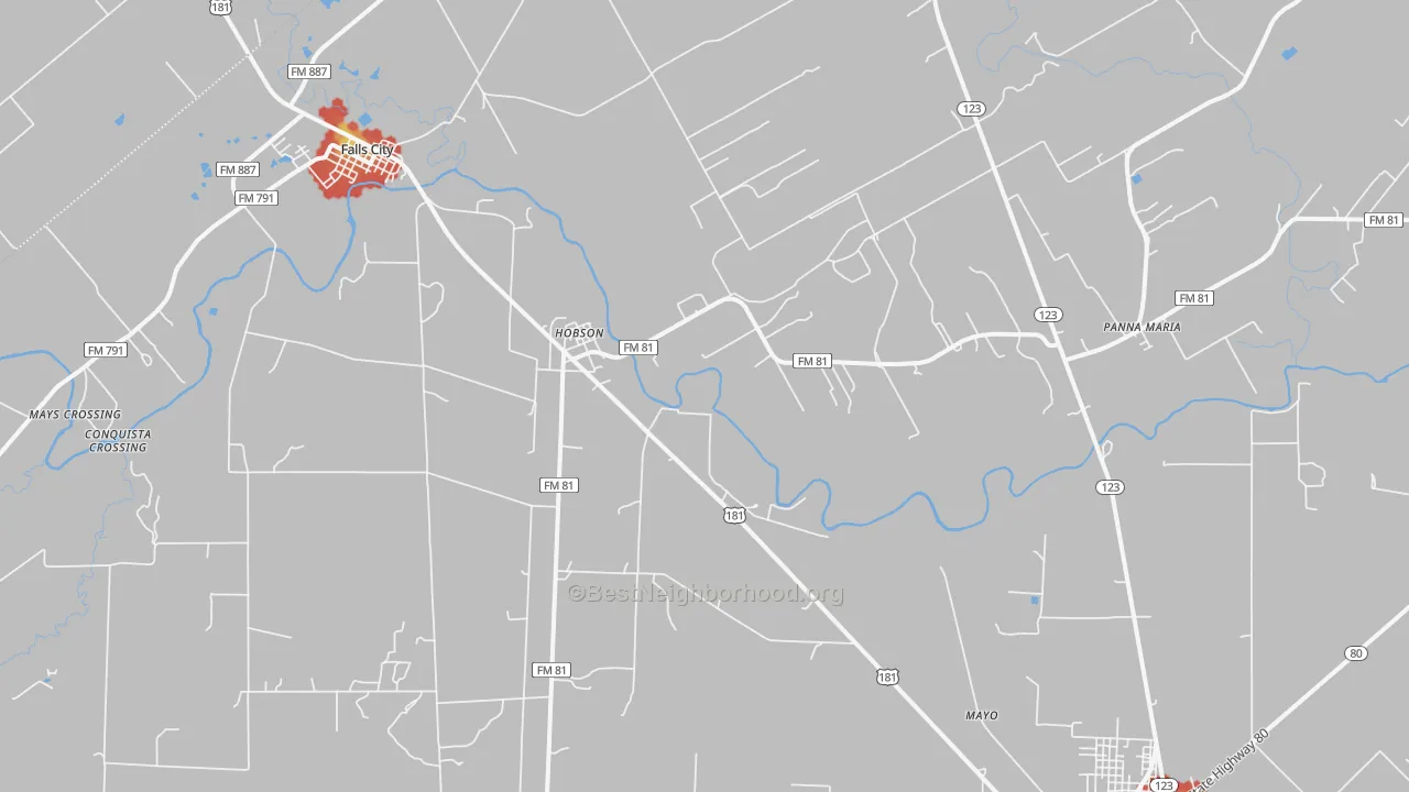 Walk Grade map of 78117, TX, walkable areas in green and car-dependent areas in red