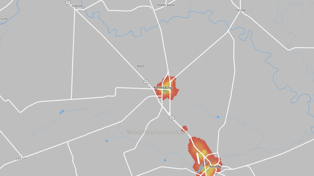 Walk Grade map of 78118, TX, walkable areas in green and car-dependent areas in red