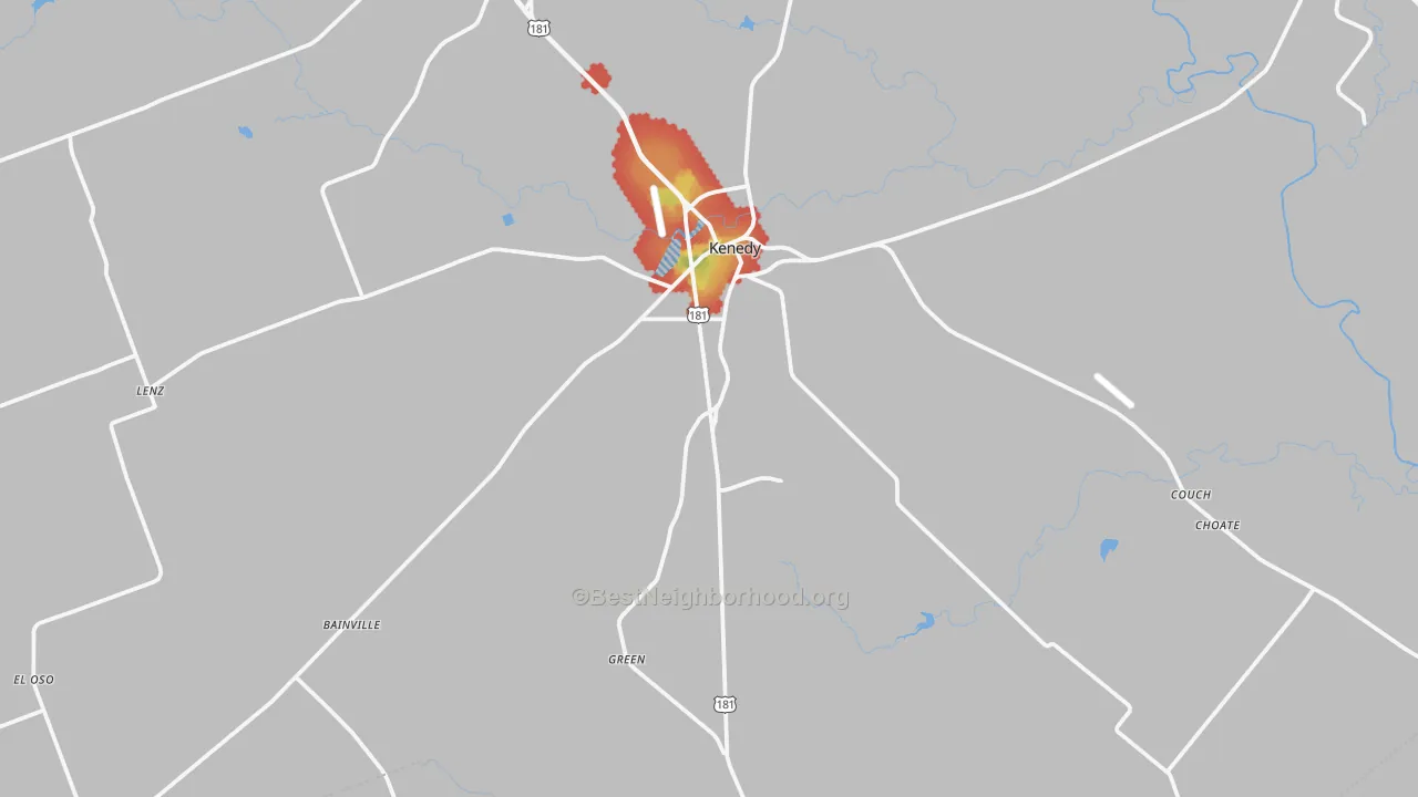 Walk Grade map of 78119, TX, walkable areas in green and car-dependent areas in red