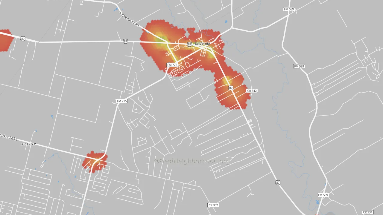 Walk Grade map of 78121, TX, walkable areas in green and car-dependent areas in red