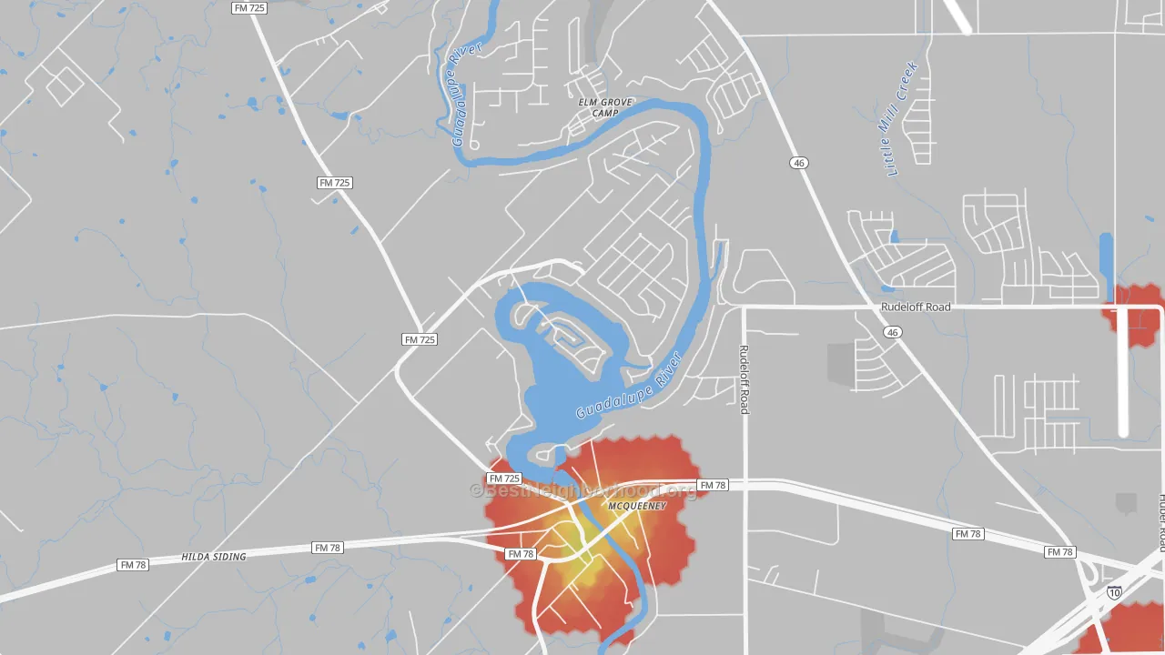 Walk Grade map of 78123, TX, walkable areas in green and car-dependent areas in red