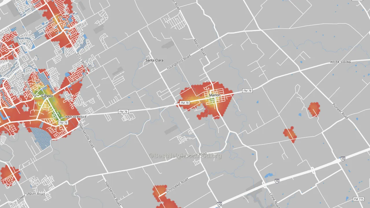 Walk Grade map of 78124, TX, walkable areas in green and car-dependent areas in red