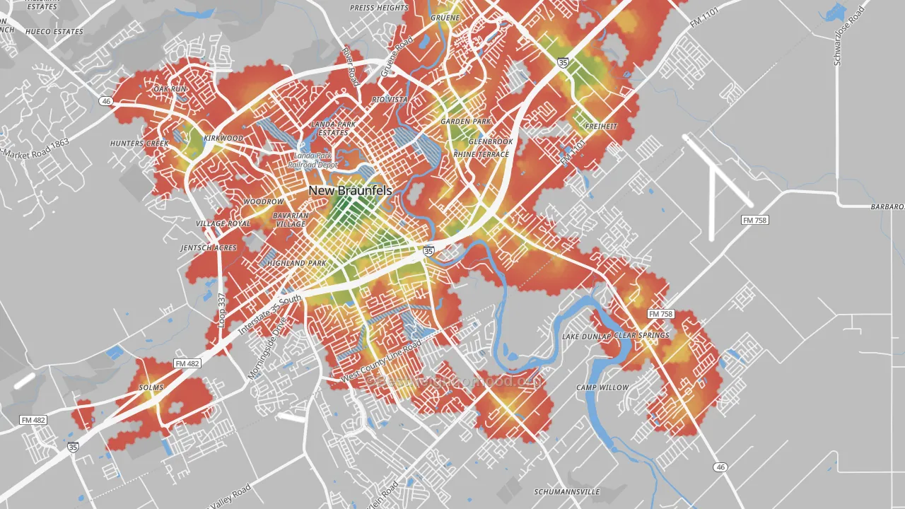 Walk Grade map of 78130, TX, walkable areas in green and car-dependent areas in red