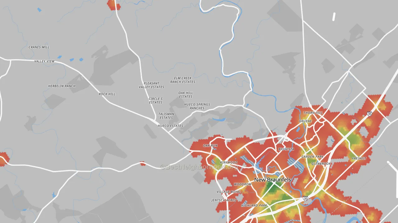 Walk Grade map of 78132, TX, walkable areas in green and car-dependent areas in red