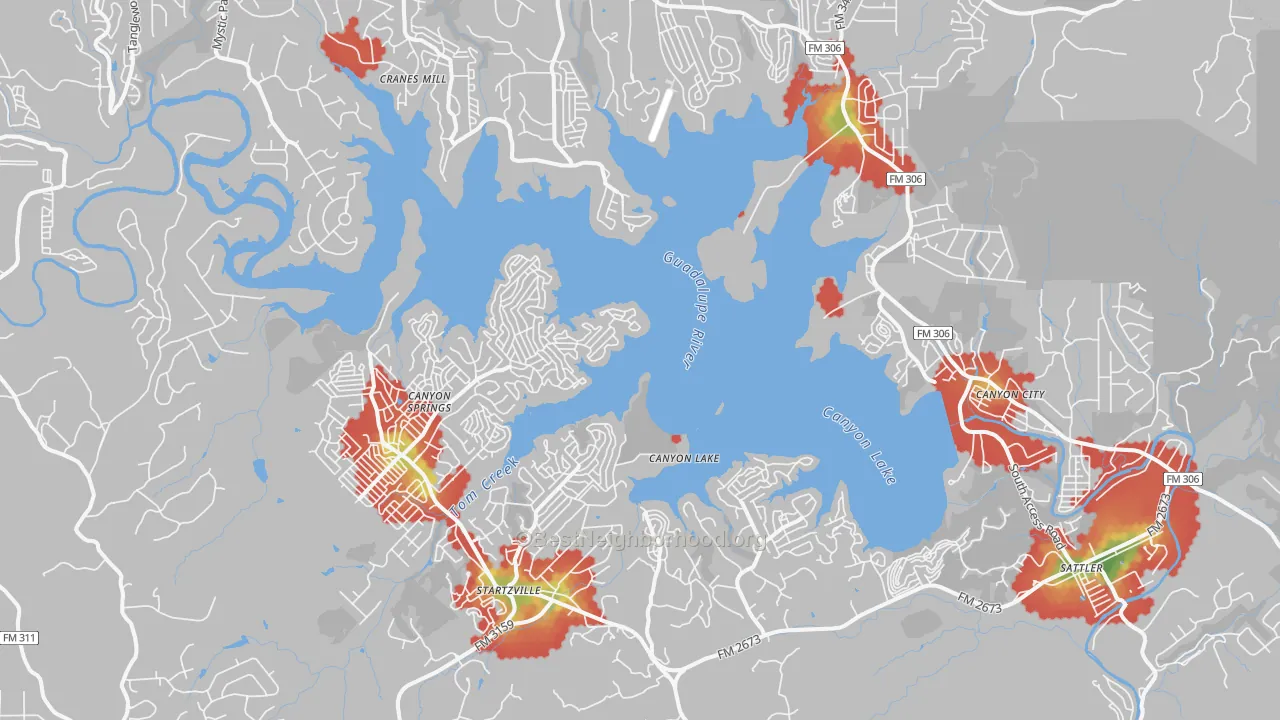 Walk Grade map of 78133, TX, walkable areas in green and car-dependent areas in red