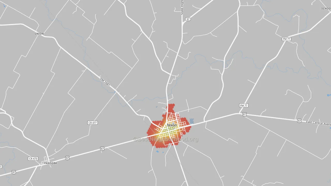 Walk Grade map of 78140, TX, walkable areas in green and car-dependent areas in red