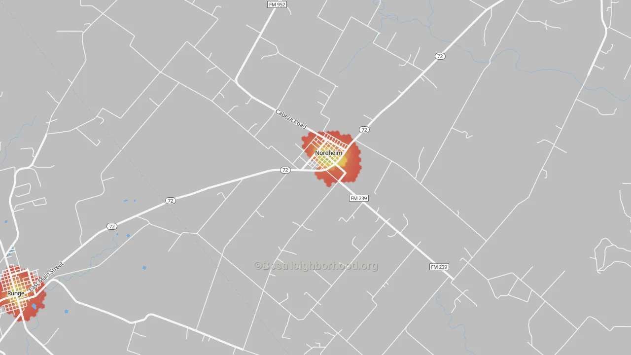 Walk Grade map of 78141, TX, walkable areas in green and car-dependent areas in red