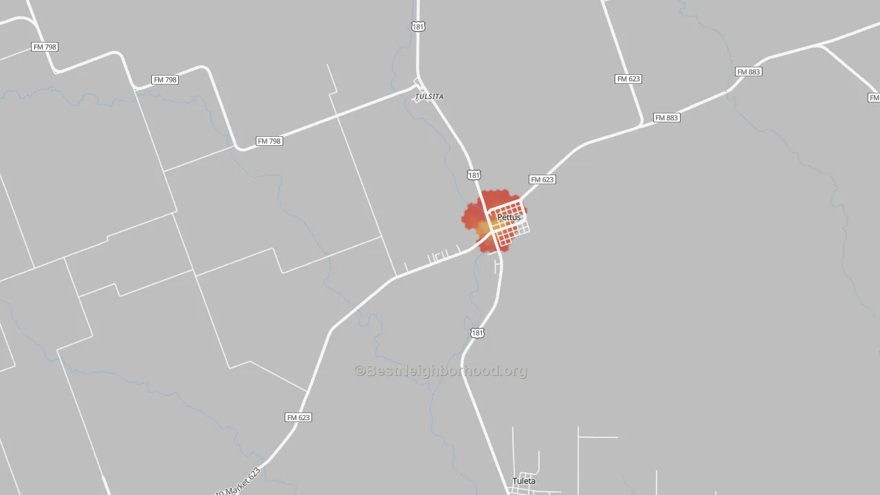 Walk Grade map of 78146, TX, walkable areas in green and car-dependent areas in red