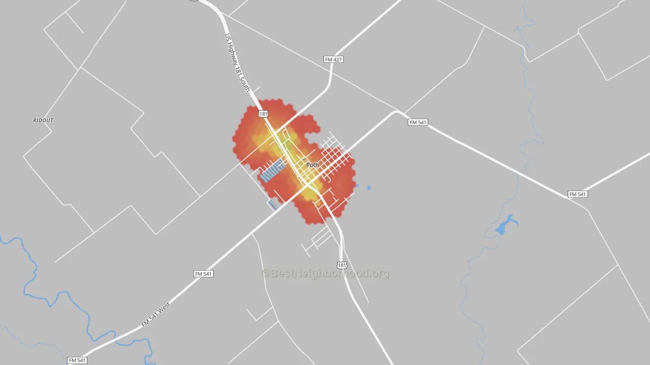 Walk Grade map of 78147, TX, walkable areas in green and car-dependent areas in red