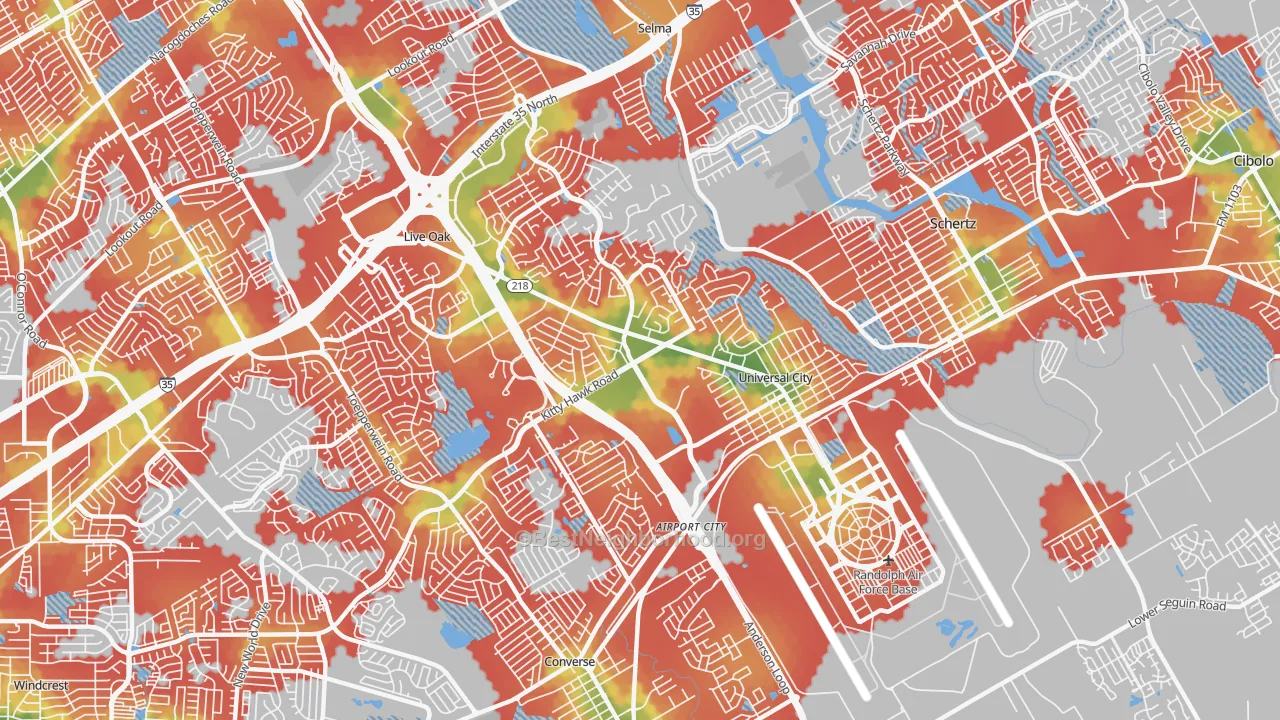 Walk Grade map of 78148, TX, walkable areas in green and car-dependent areas in red