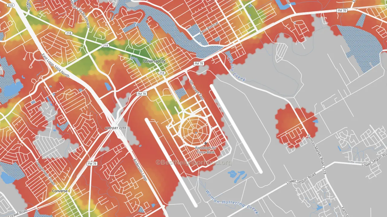 Walk Grade map of 78150, TX, walkable areas in green and car-dependent areas in red