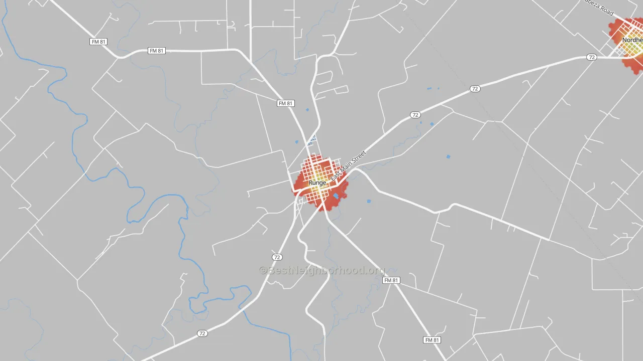 Walk Grade map of 78151, TX, walkable areas in green and car-dependent areas in red