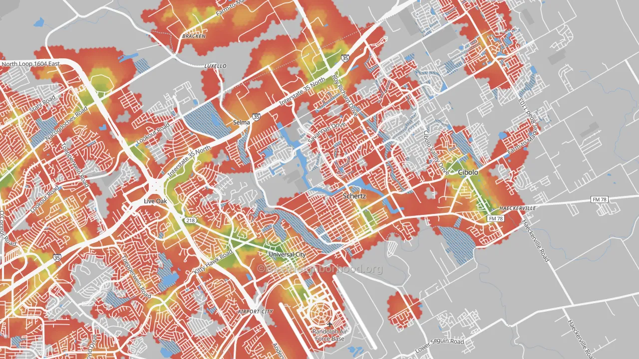 Walk Grade map of 78154, TX, walkable areas in green and car-dependent areas in red