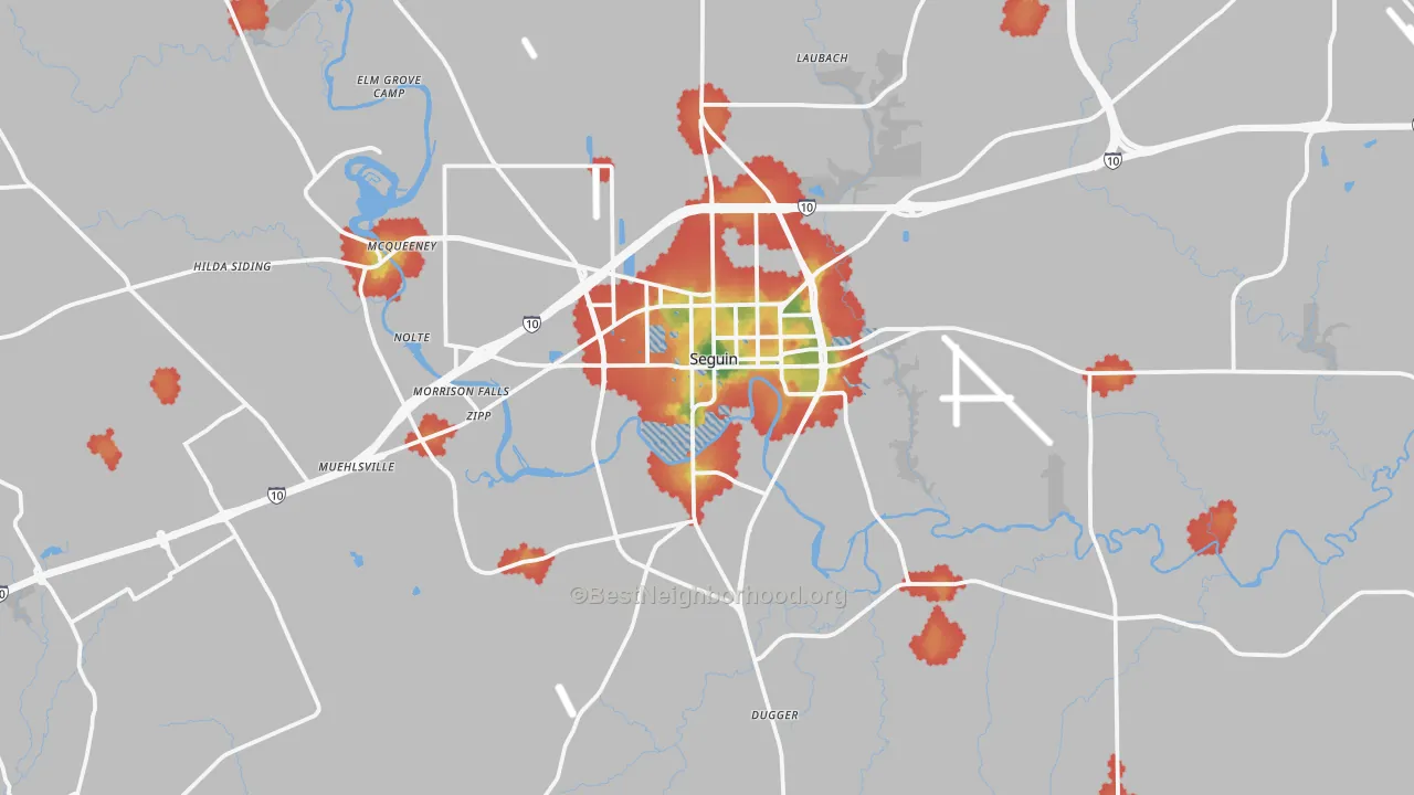 Walk Grade map of 78155, TX, walkable areas in green and car-dependent areas in red
