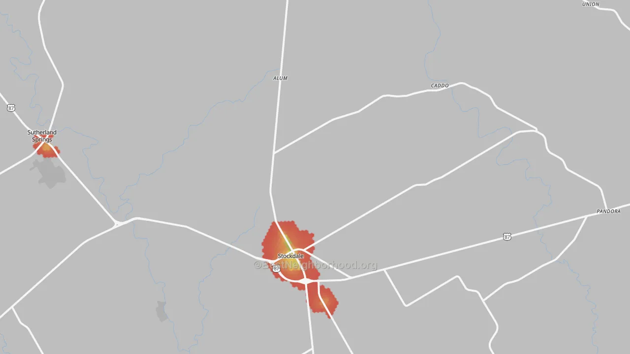 Walk Grade map of 78160, TX, walkable areas in green and car-dependent areas in red