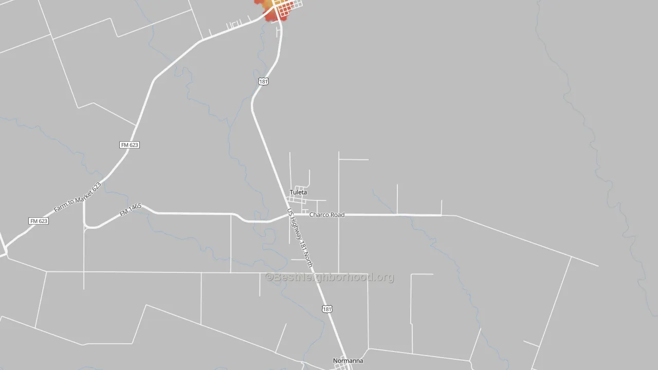 Walk Grade map of 78162, TX, walkable areas in green and car-dependent areas in red