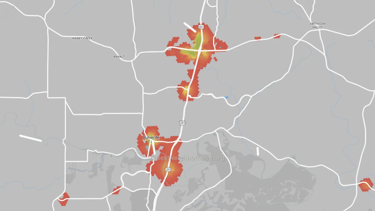 Walk Grade map of 78163, TX, walkable areas in green and car-dependent areas in red