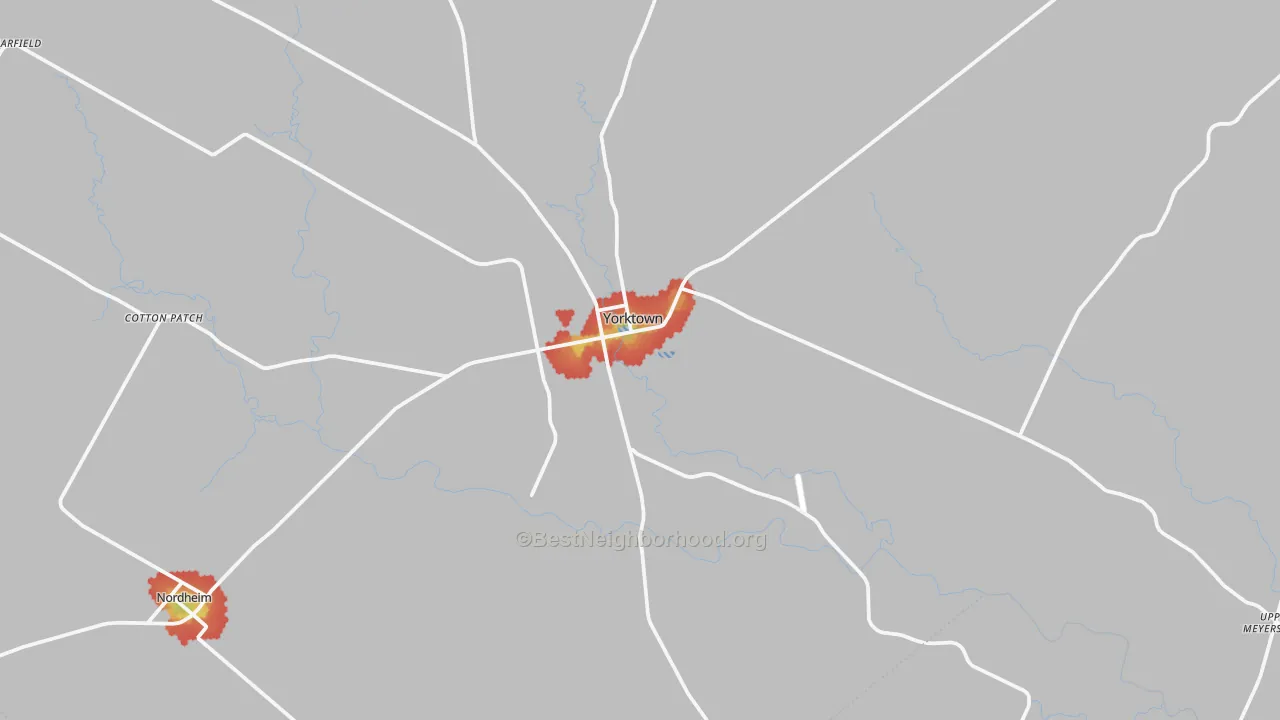 Walk Grade map of 78164, TX, walkable areas in green and car-dependent areas in red