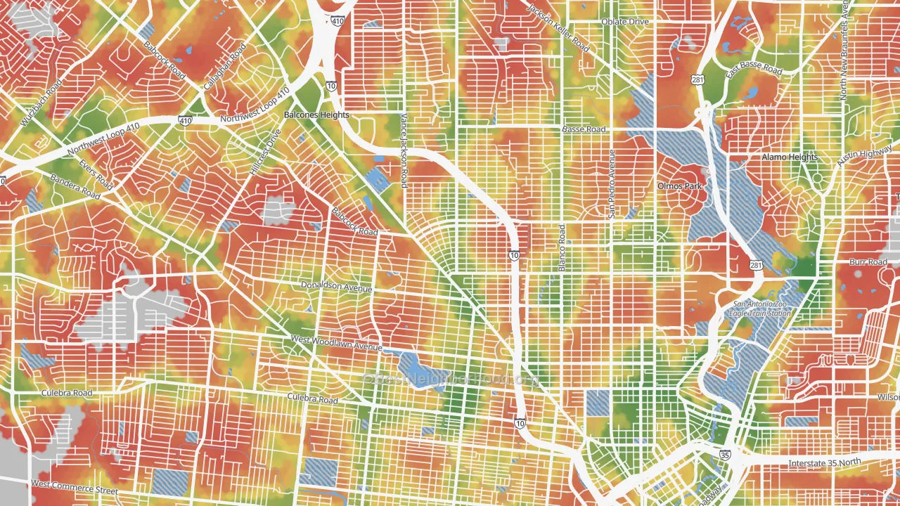 Walk Grade map of 78201, TX, walkable areas in green and car-dependent areas in red