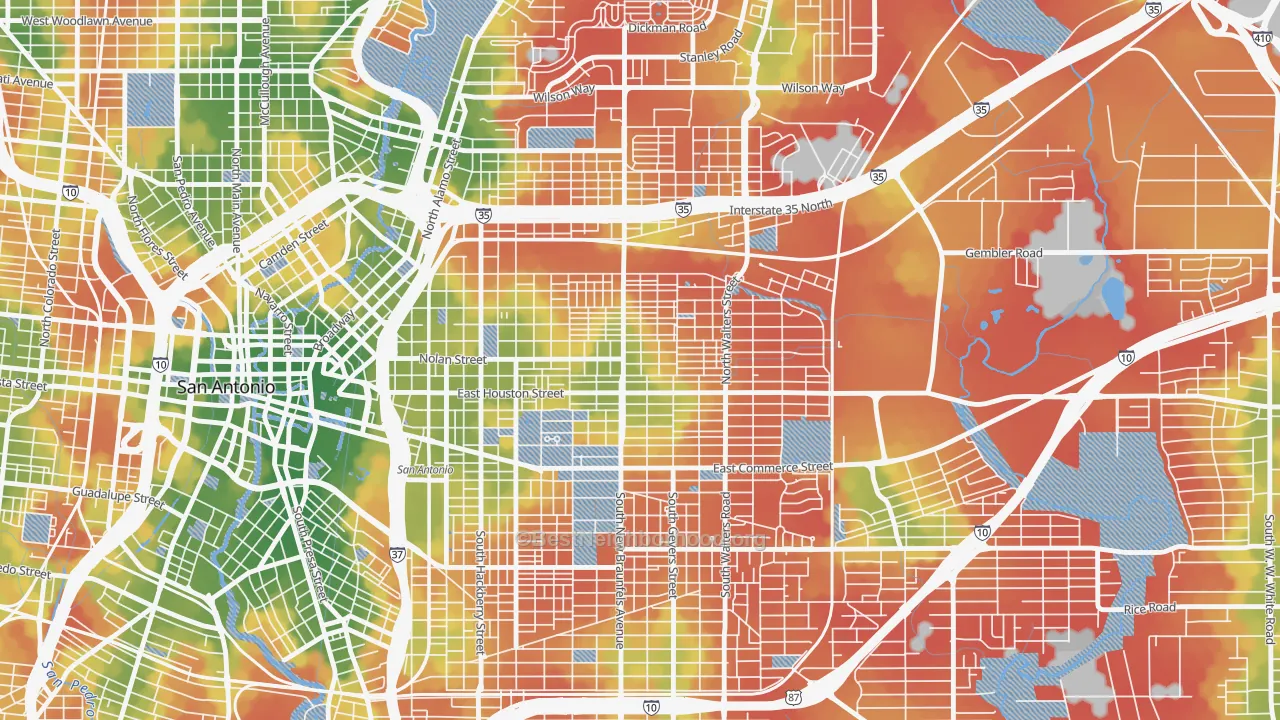 Walk Grade map of 78202, TX, walkable areas in green and car-dependent areas in red