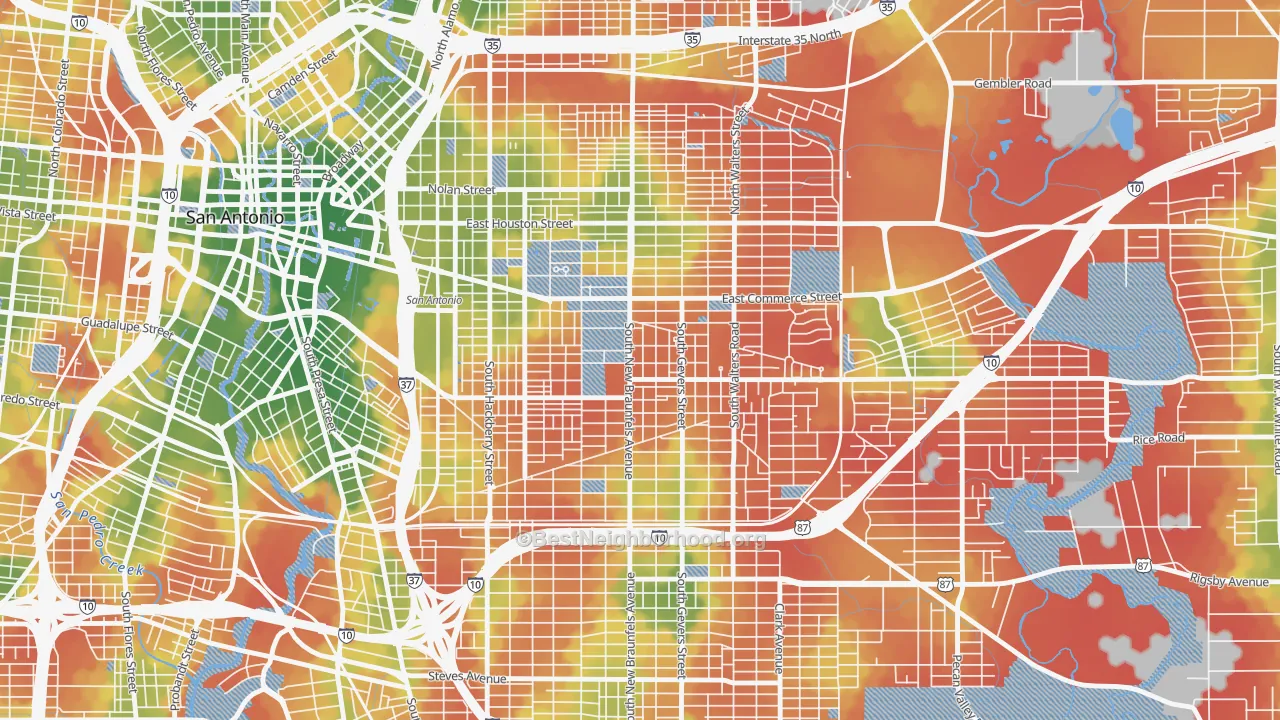 Walk Grade map of 78203, TX, walkable areas in green and car-dependent areas in red