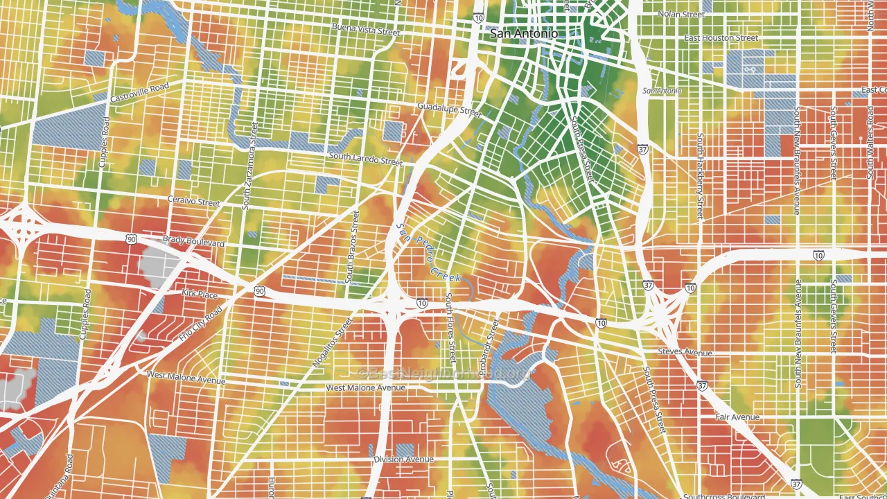 Walk Grade map of 78204, TX, walkable areas in green and car-dependent areas in red