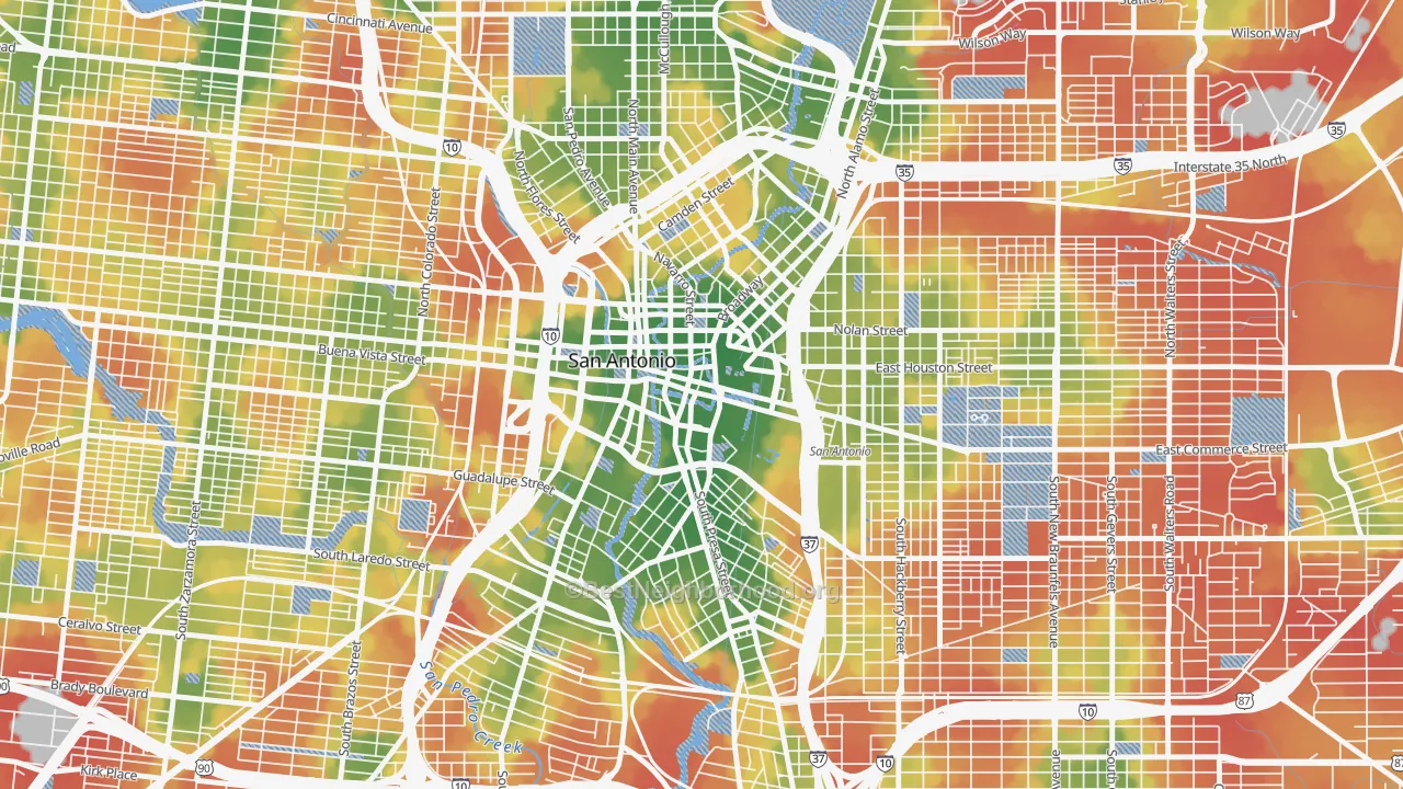 Walk Grade map of 78205, TX, walkable areas in green and car-dependent areas in red