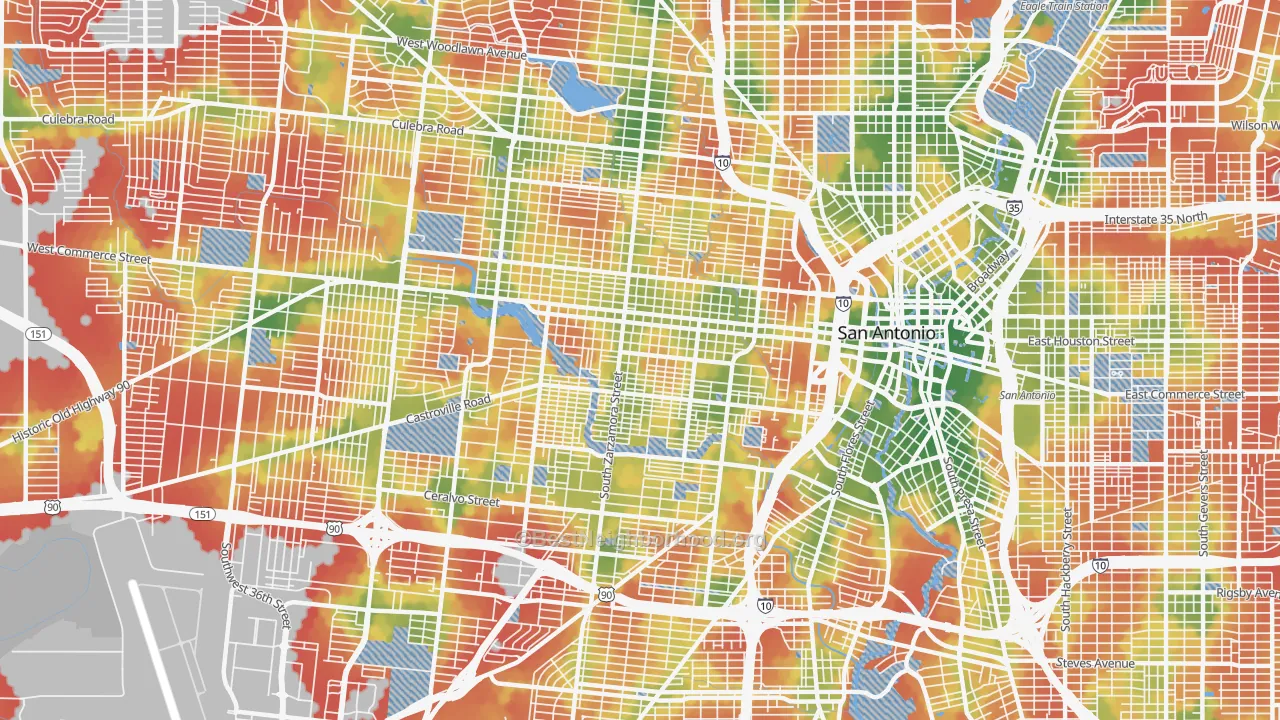 Walk Grade map of 78207, TX, walkable areas in green and car-dependent areas in red