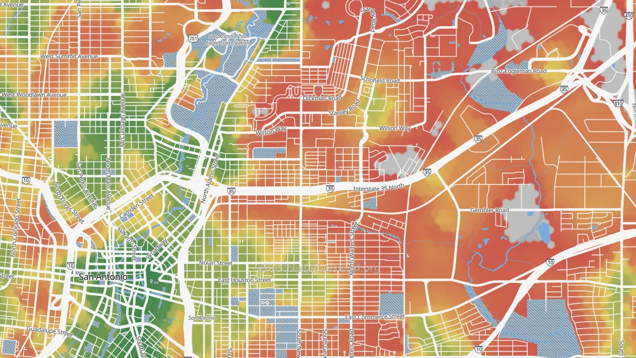 Walk Grade map of 78208, TX, walkable areas in green and car-dependent areas in red