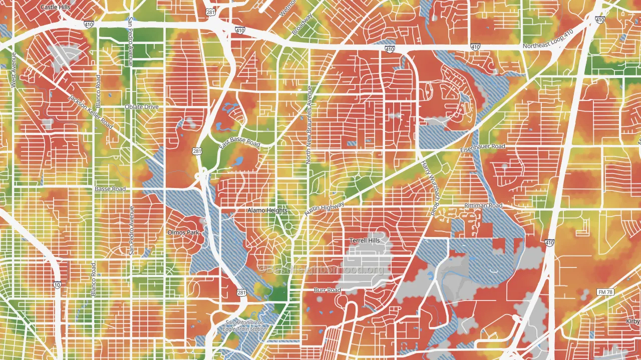 Walk Grade map of 78209, TX, walkable areas in green and car-dependent areas in red