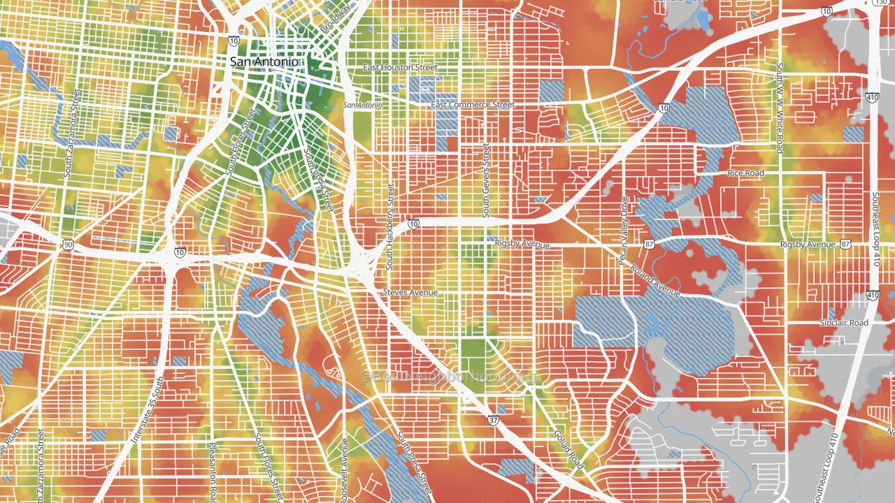 Walk Grade map of 78210, TX, walkable areas in green and car-dependent areas in red