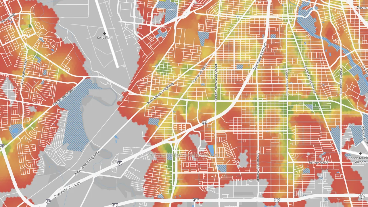 Walk Grade map of 78211, TX, walkable areas in green and car-dependent areas in red