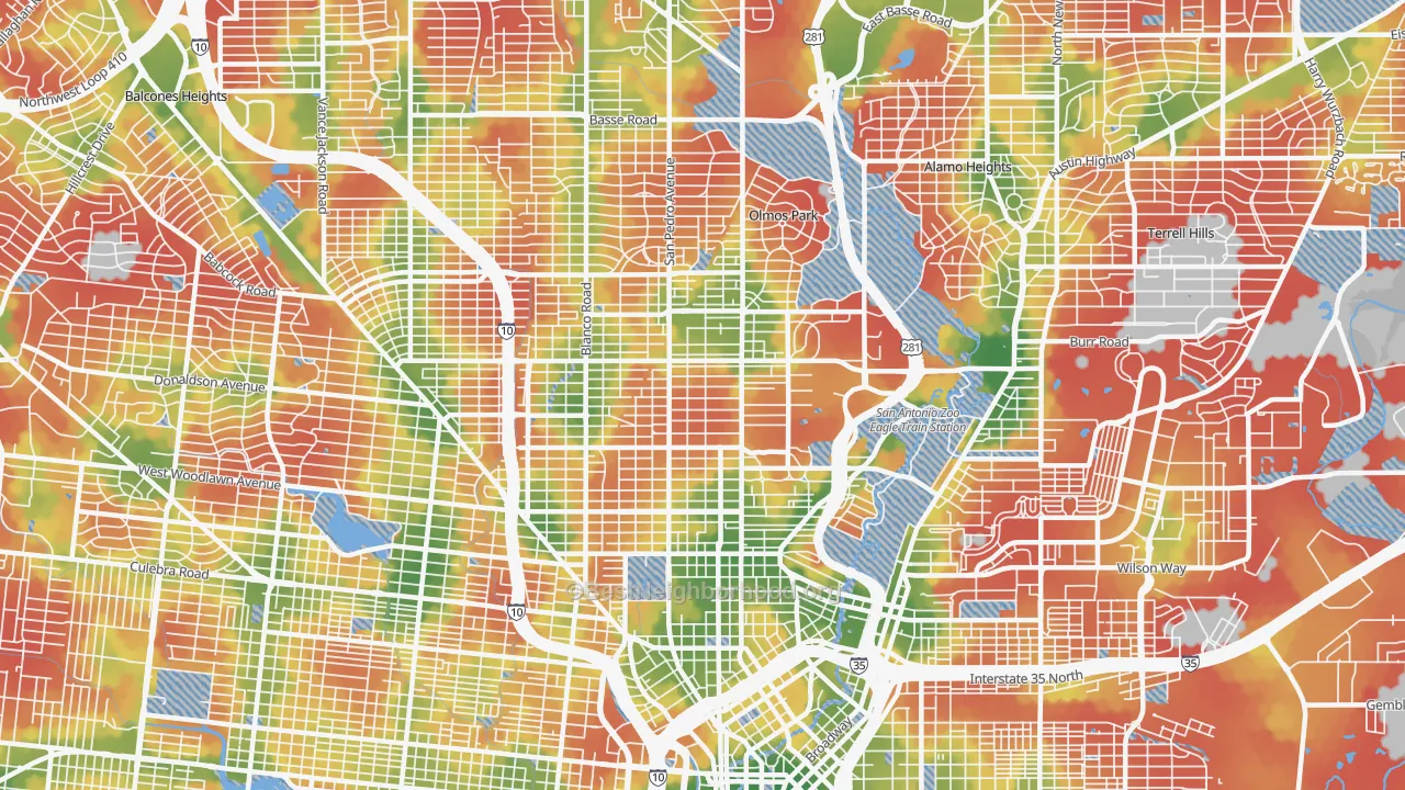 Walk Grade map of 78212, TX, walkable areas in green and car-dependent areas in red