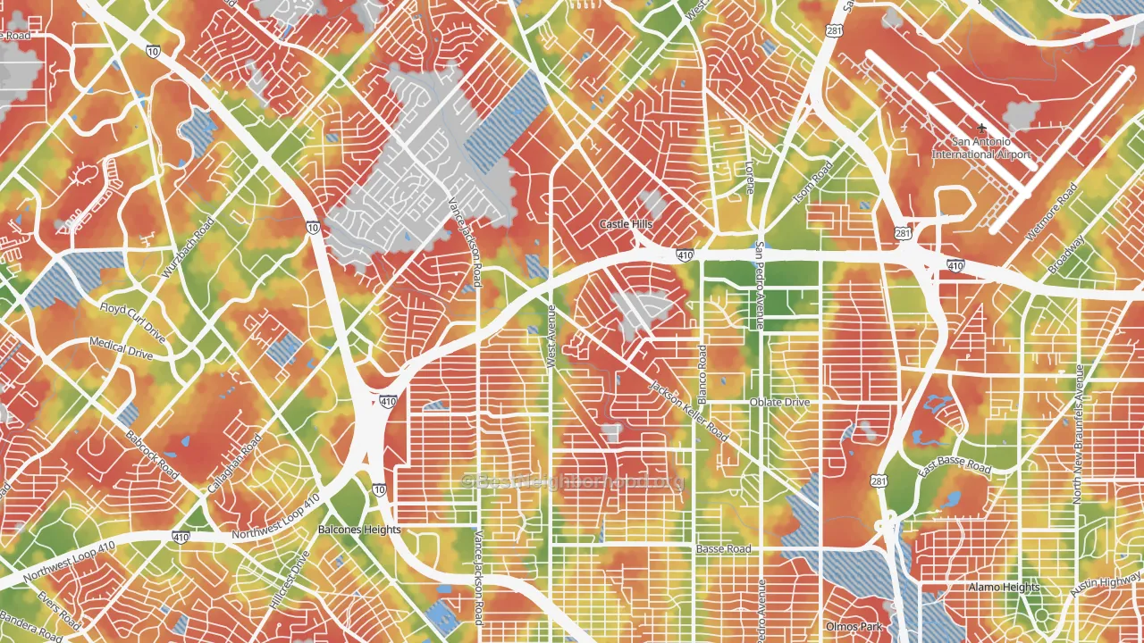 Walk Grade map of 78213, TX, walkable areas in green and car-dependent areas in red