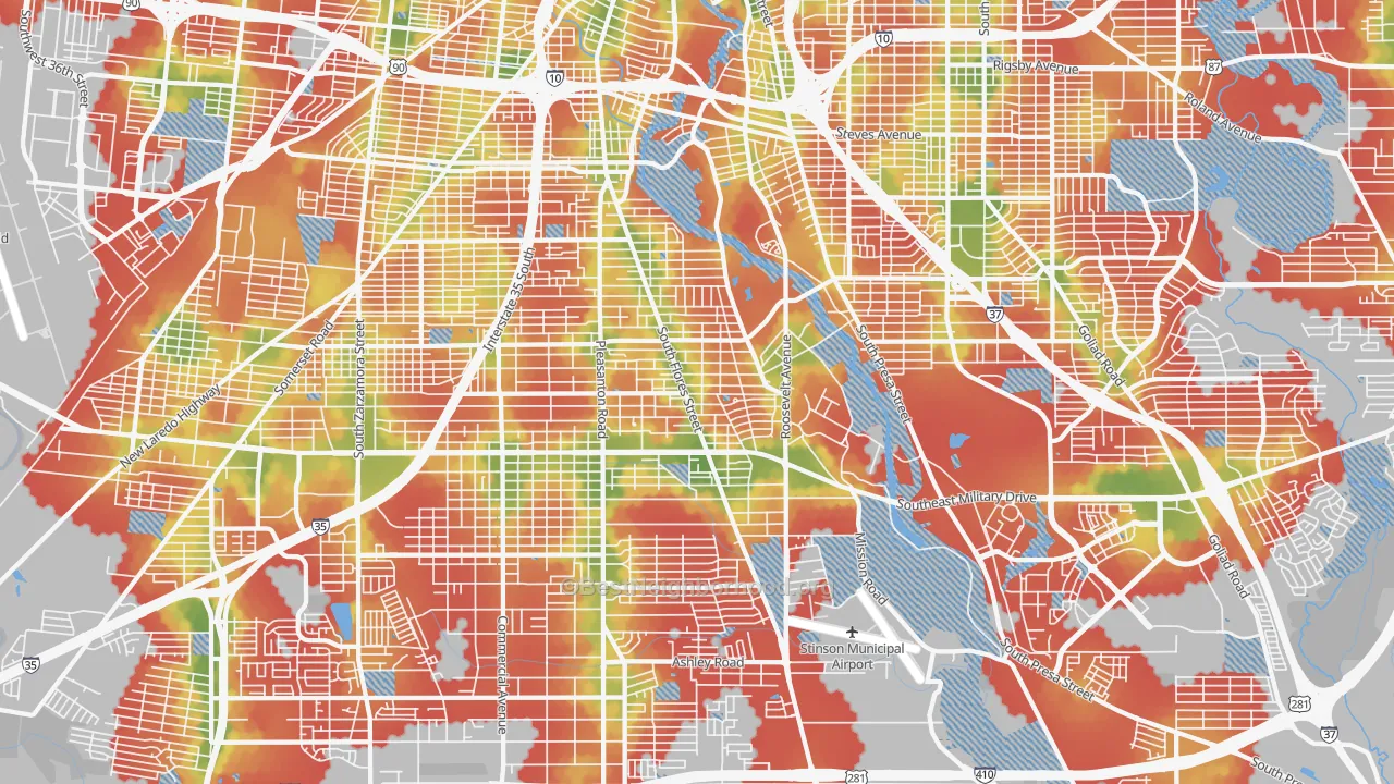 Walk Grade map of 78214, TX, walkable areas in green and car-dependent areas in red