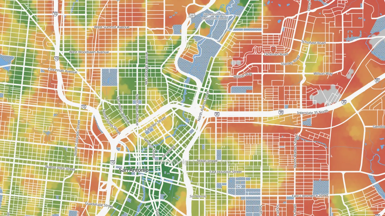 Walk Grade map of 78215, TX, walkable areas in green and car-dependent areas in red