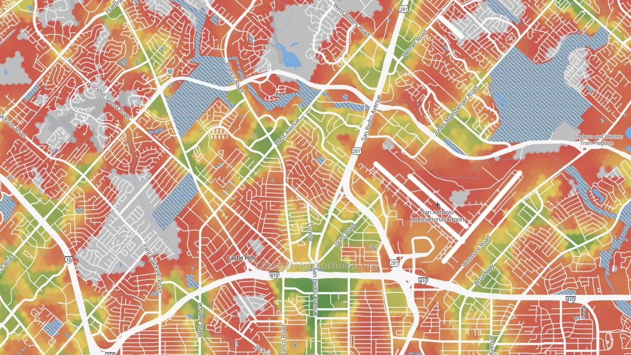 Walk Grade map of 78216, TX, walkable areas in green and car-dependent areas in red