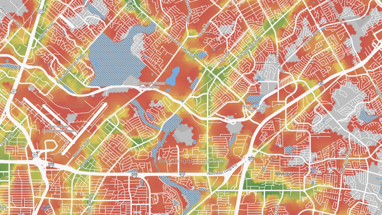 Walk Grade map of 78217, TX, walkable areas in green and car-dependent areas in red